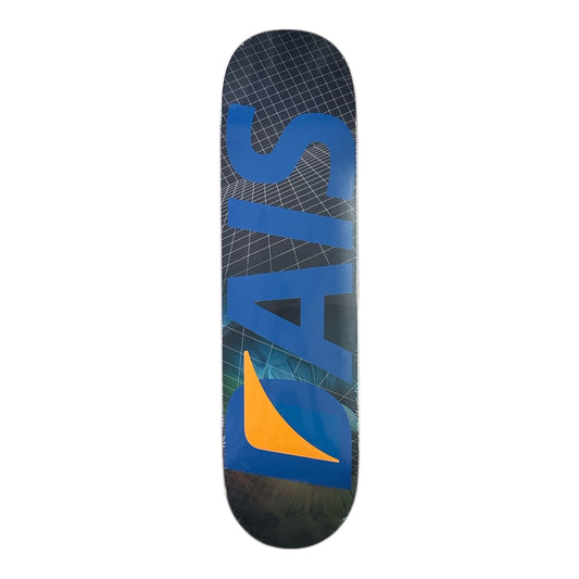 Skateboard deck with blue and orange design on a white background