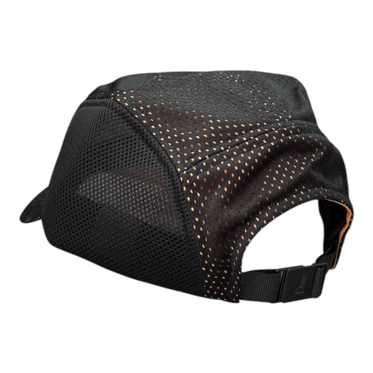 Black mesh running cap with a curved brim and an adjustable rear strap, shown from a three-quarters angle on a white background.