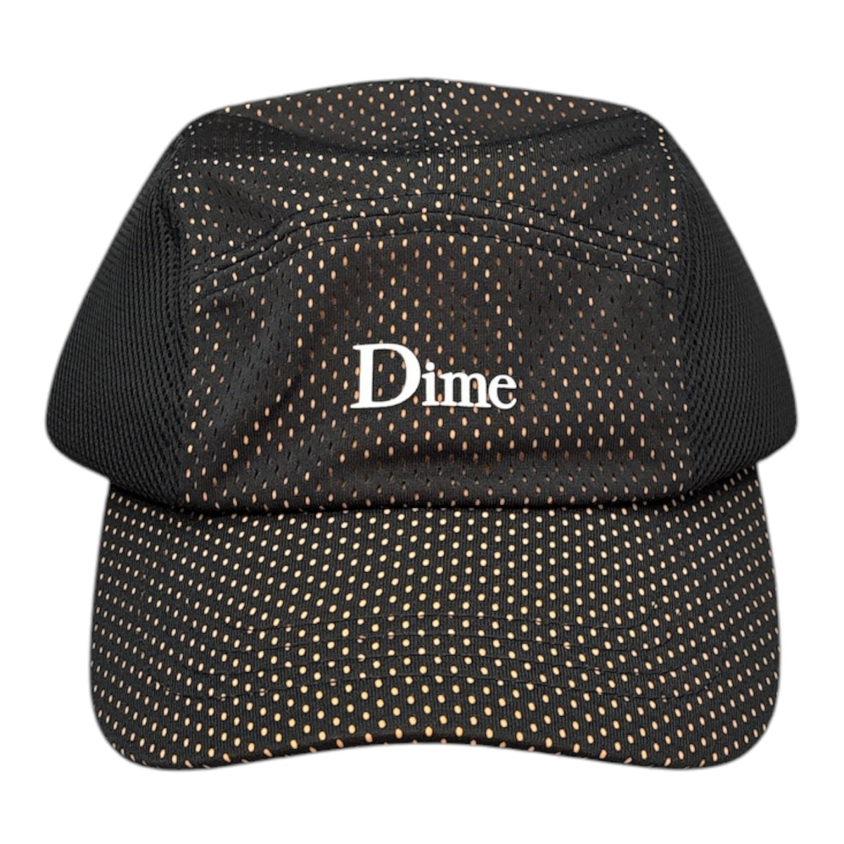 A black baseball cap with a subtle gold polka dot pattern on the front and visor, and white embroidered text reading 'Dime' on the front panel.