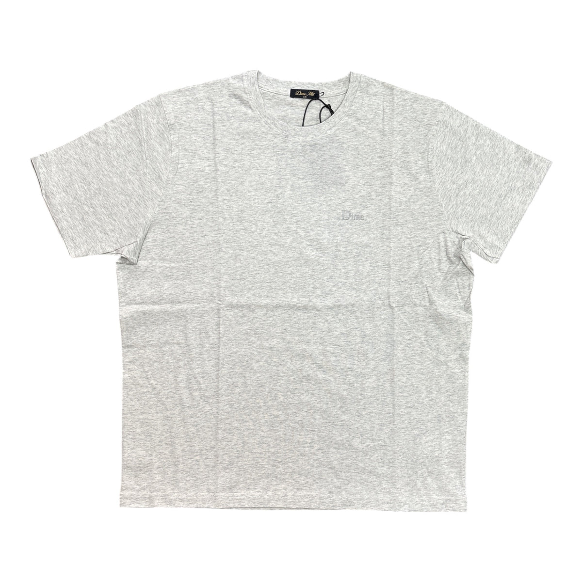 A light gray heather short-sleeve crewneck t-shirt with a small embroidered logo on the left chest, laid flat against a white background.