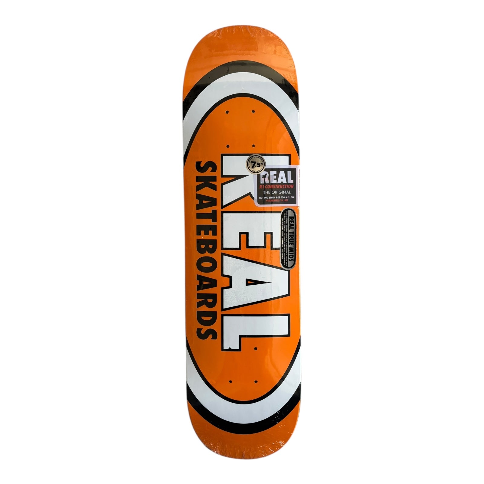 Orange skateboard deck with 'Real Skateboards' logo on a white background