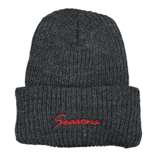 Seasons Loose Knit Cursive Beanie- Charcoal/Red