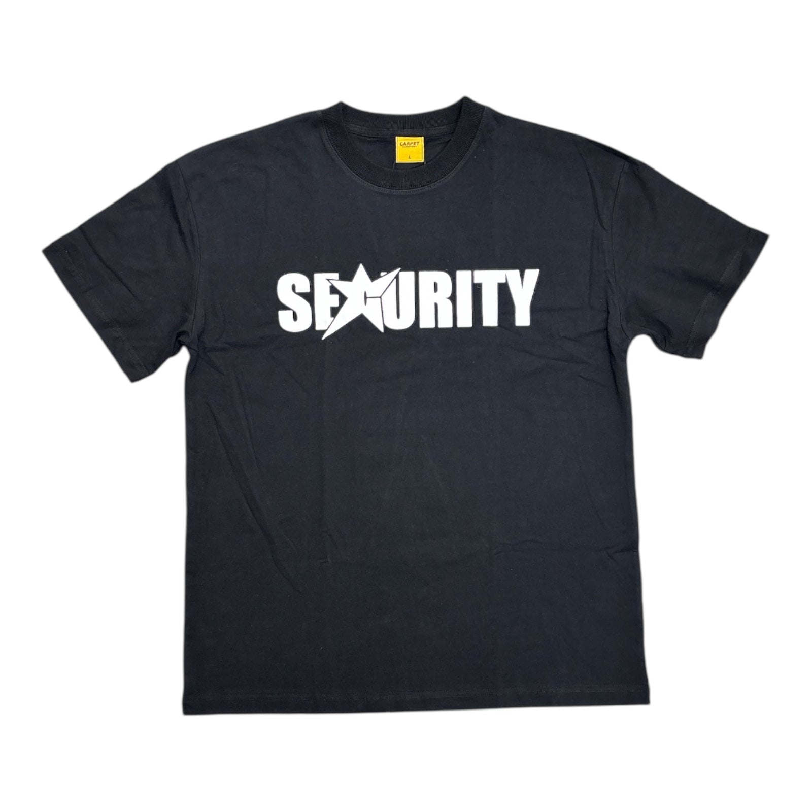Black t-shirt with 'SECURITY' printed on it against a white background