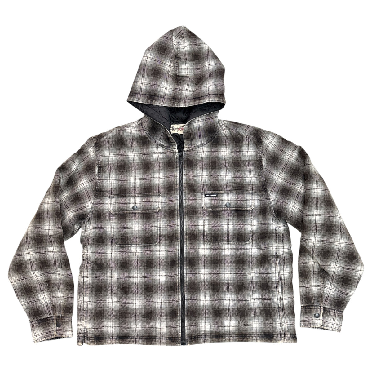Stussy Zip Hood Plaid Shirt- Charcoal