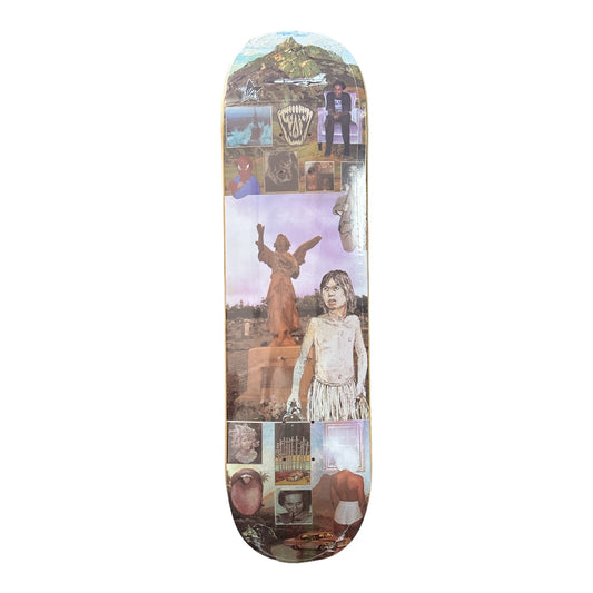 Skateboard deck with collage center of board has a statue and a picture of a small child