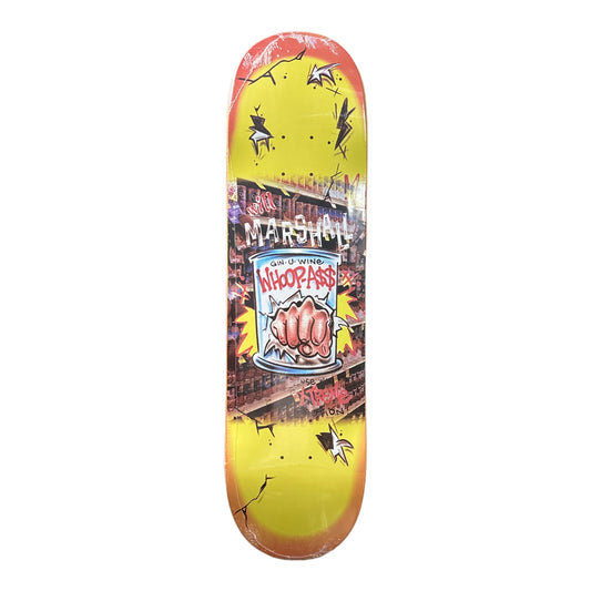 Skateboard Deck with a "Can of Whoop Ass" and Marsgall on it.
