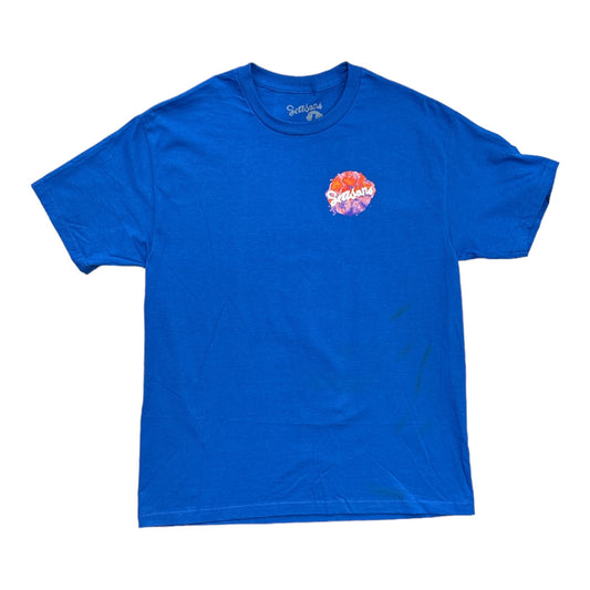 Blue Tee with Seasons Blotch Logo in Multiple Colors Swirled on a Left Chest Print