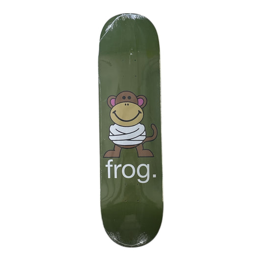 Green skateboard deck with a monkey graphic and 'frog.' text on a white background