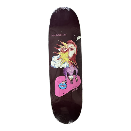 Skateboard deck with colorful artwork on a white background