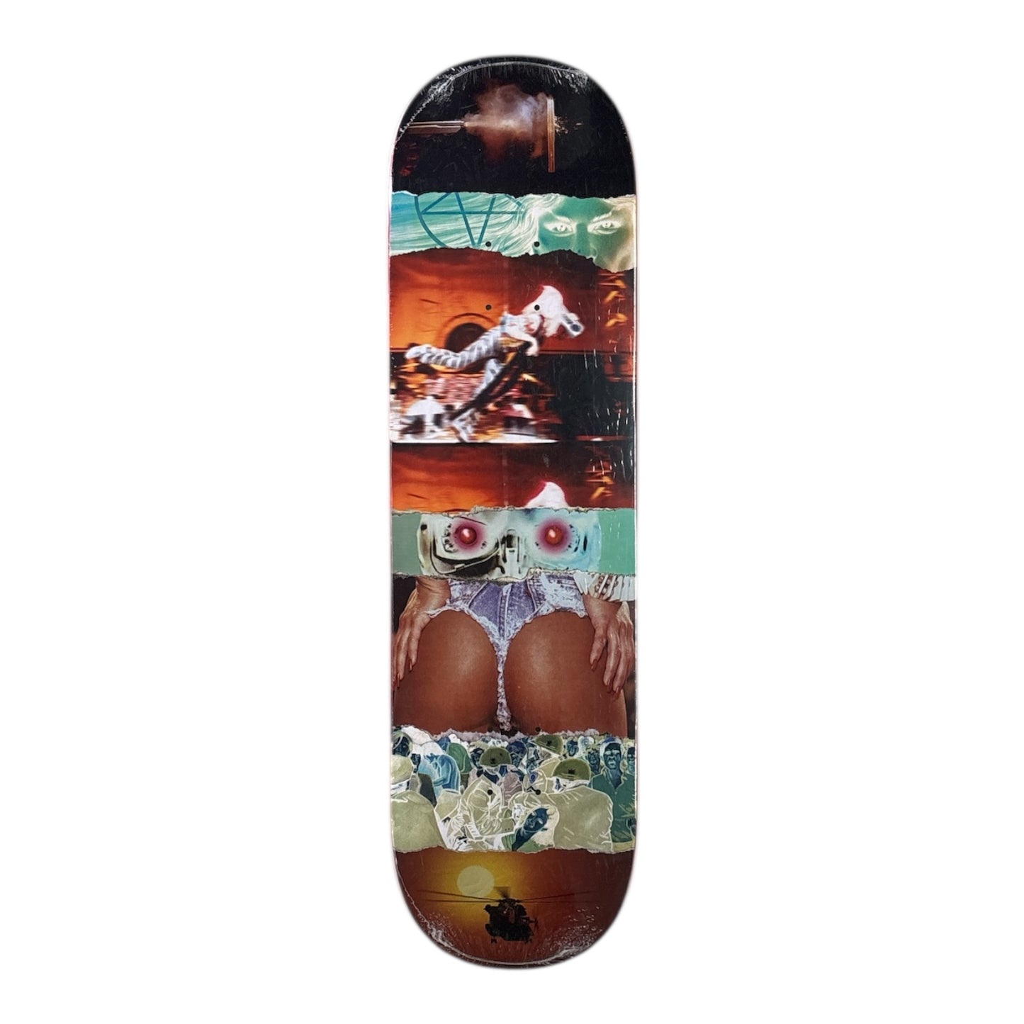 Skateboard deck with artistic design of a person in a bikini and helmet on a white background
