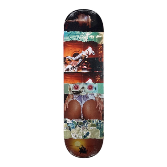 Skateboard deck with artistic design of a person in a bikini and helmet on a white background