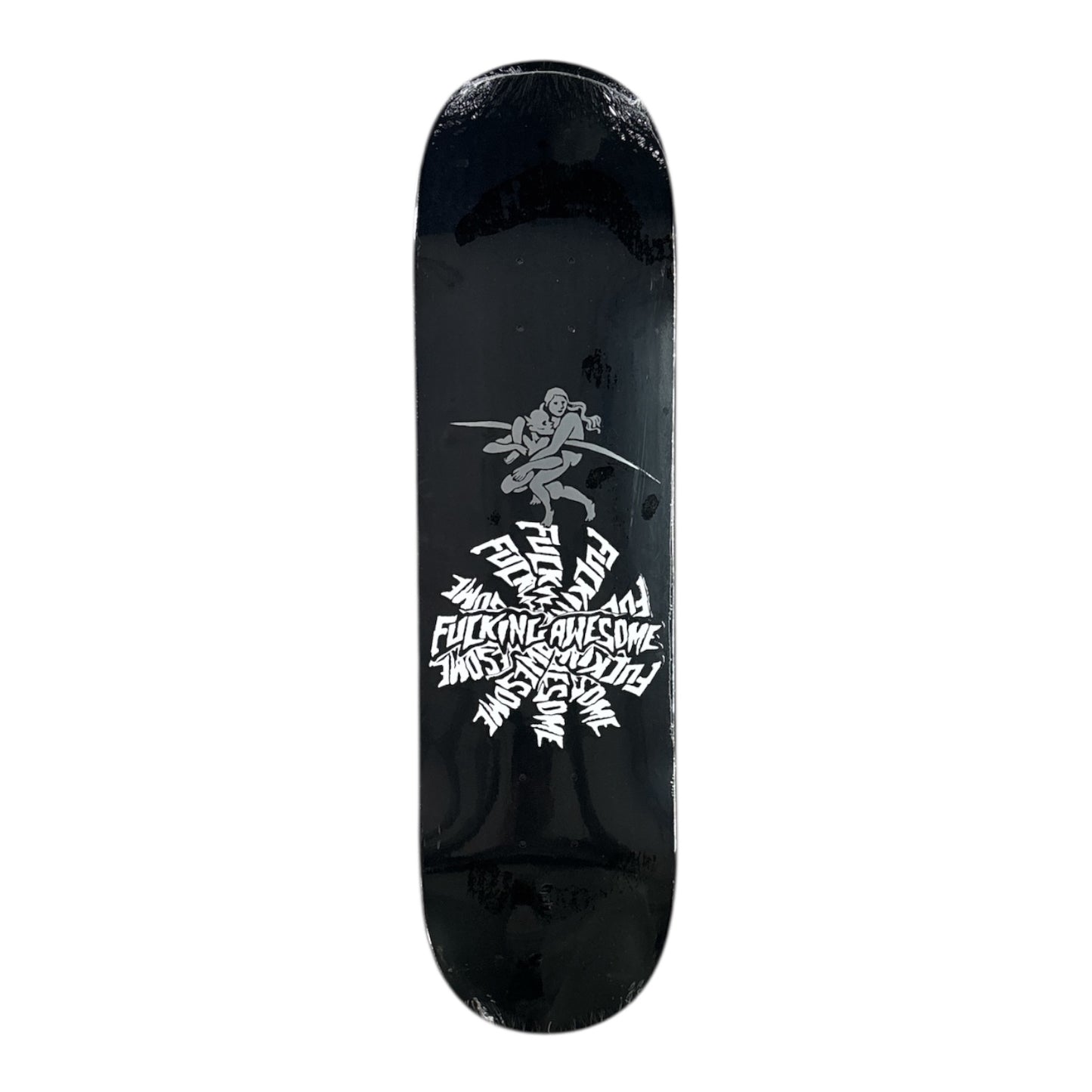 Black skateboard deck with white graphics and text on a white background