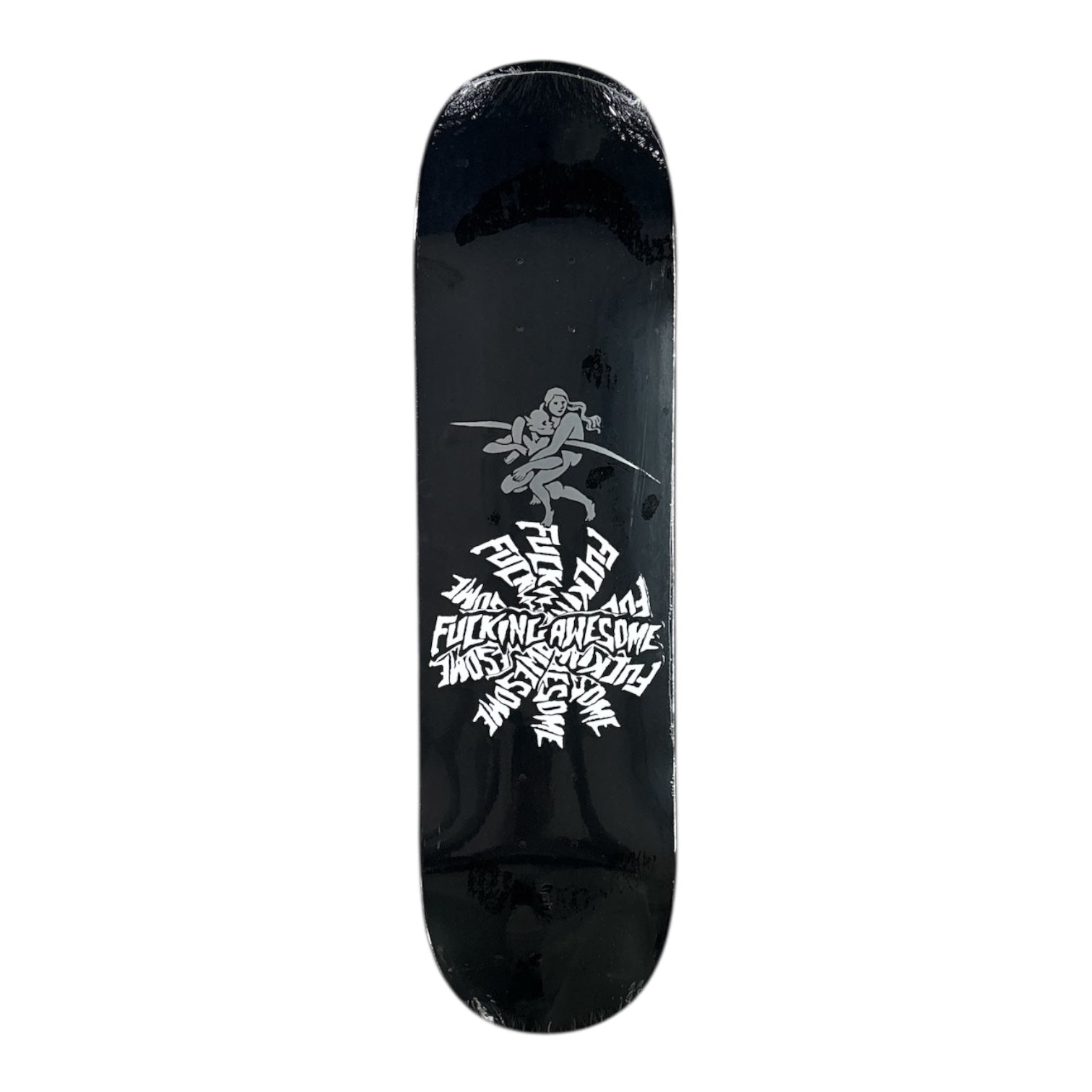 Black skateboard deck with white graphics and text on a white background