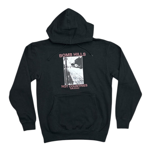 Black hoodie with graphic design on the back on a white background