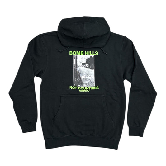 Black hoodie with text and graphic on the back, displayed on a white background