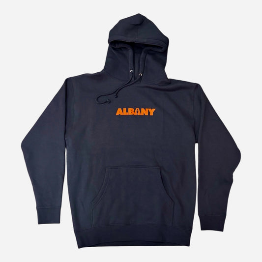 A navy blue pullover hoodie with 'ALBANY' printed in orange across the chest, displayed on a clean light gray background.
