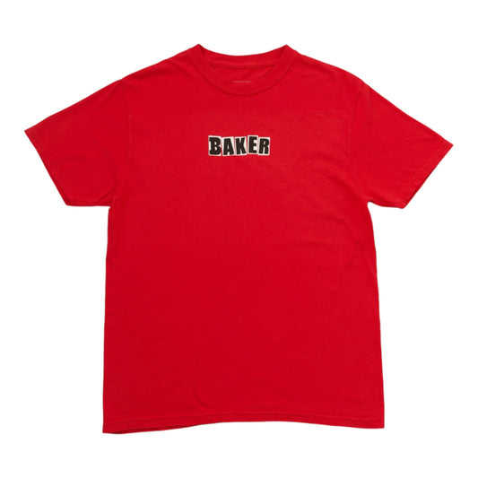 Red Tee with Baker in Black and White on the chest. 