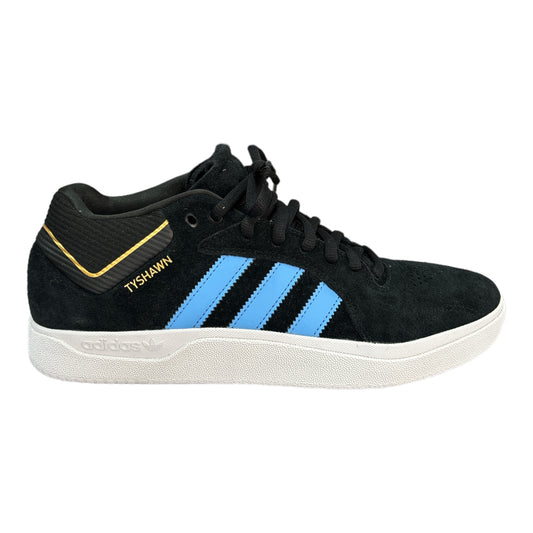 Adidas Tyshwan Mid In BLack Suede with Baby Blue Stripes and a White Outsole. 