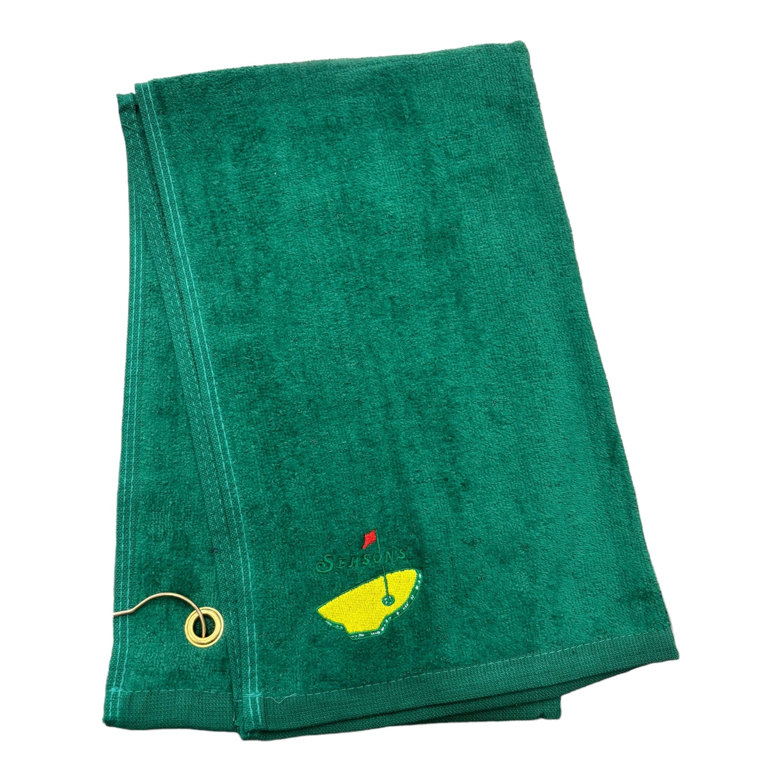 Green Golf Towel with Embroidered NYS Egg Logo Embroidered on it. 