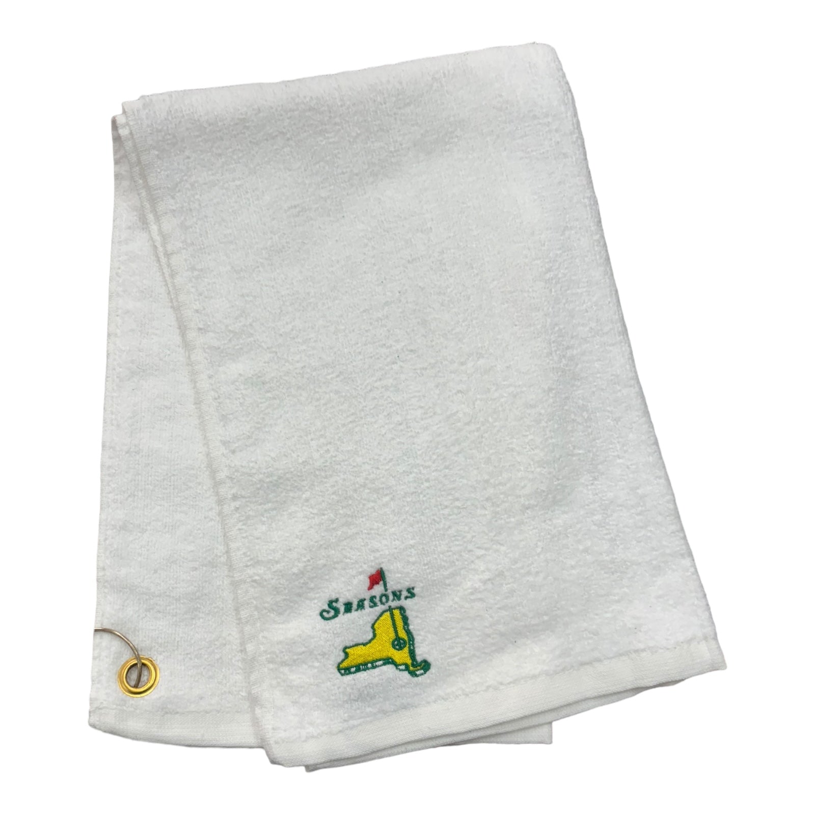White Golf Towel with Embroidered NYS Logo Embroidered on it.
