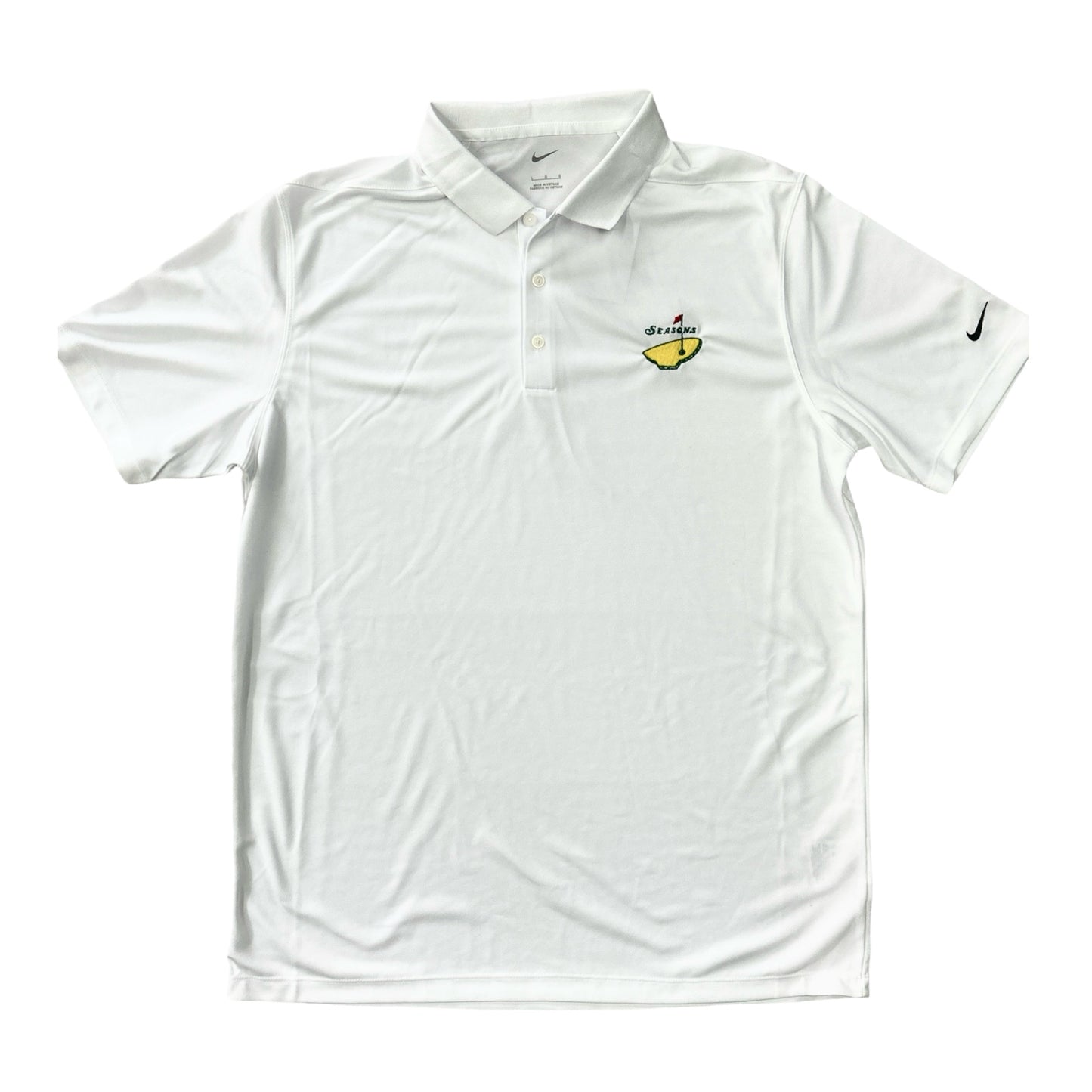 White Dri Fit Nike Polo with Embroidered Seasons Egg Logo on Left Chest