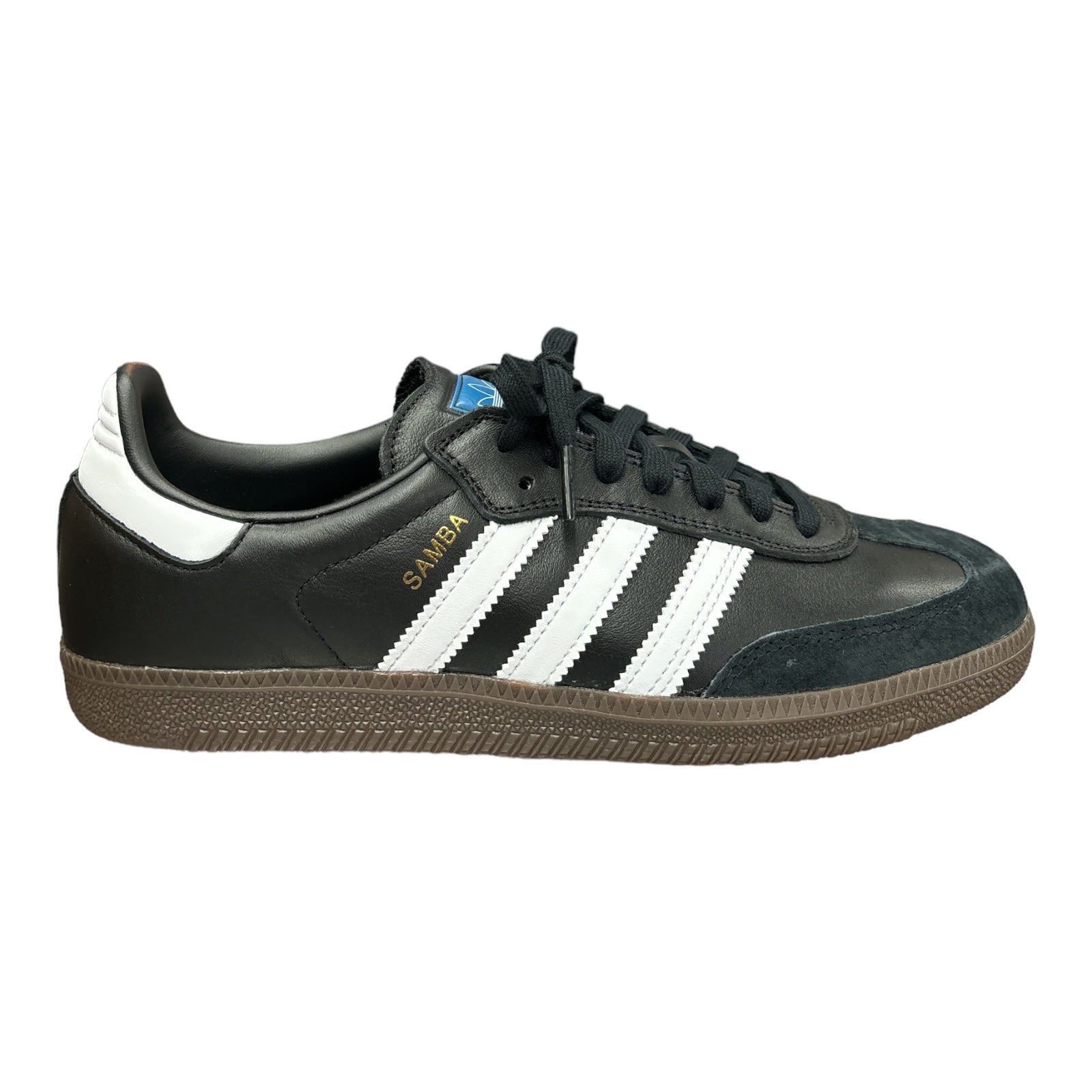 Adidas Samba in Black Leather with White Stripes & Gum Outsole.