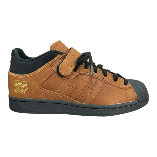 Adidas Pro Shell Mid with a Velcro Strap in Brown Leather and Black Outsole.