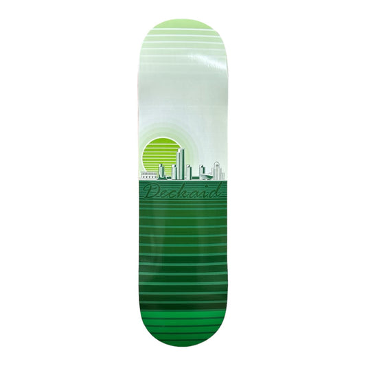 Skate Deck with Multiple colors of green and white with NYS Capital and Deckaid written Underneath. 