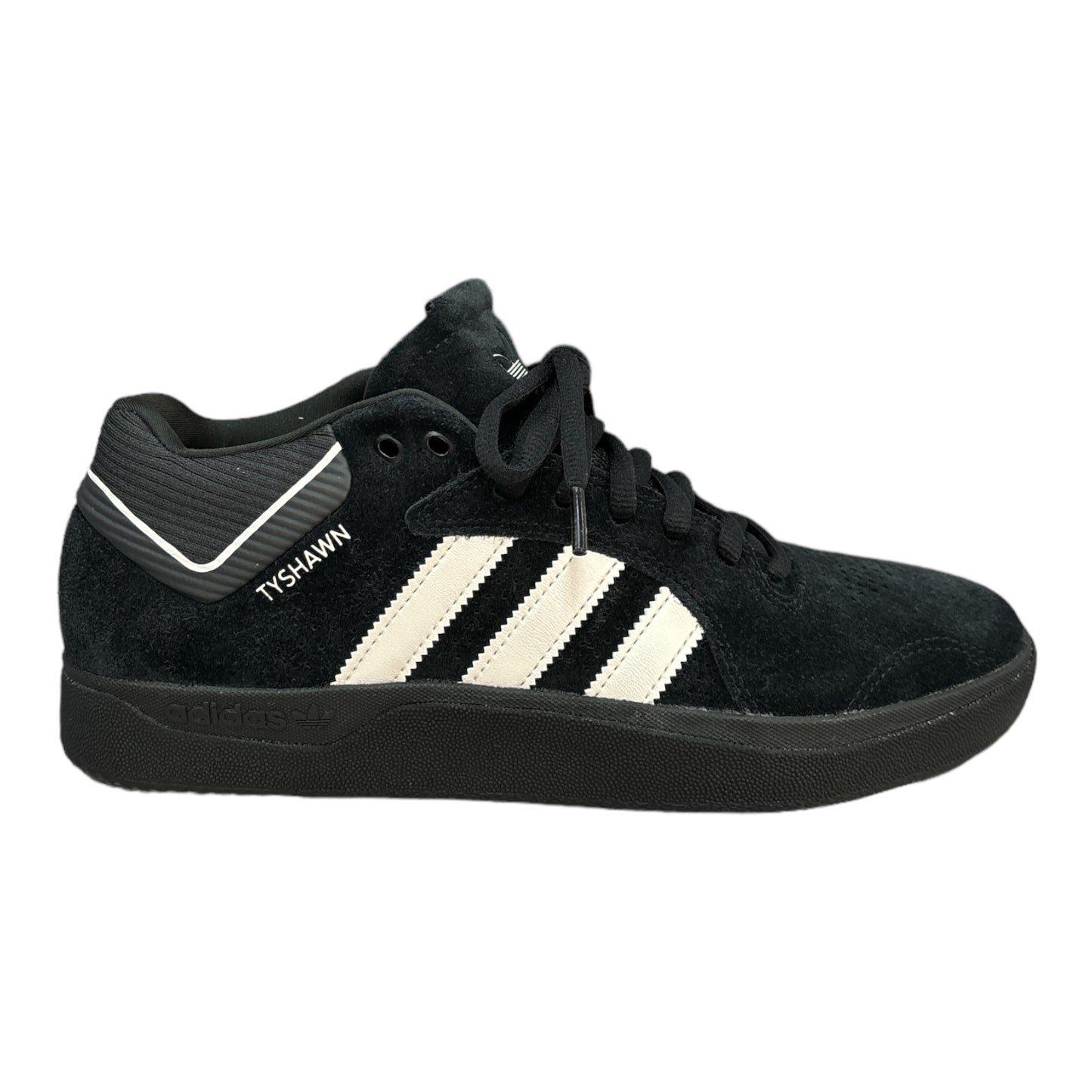 Adidas Tyshawn Mid in All Black Suede with Black Outsole and White Stripes. 
