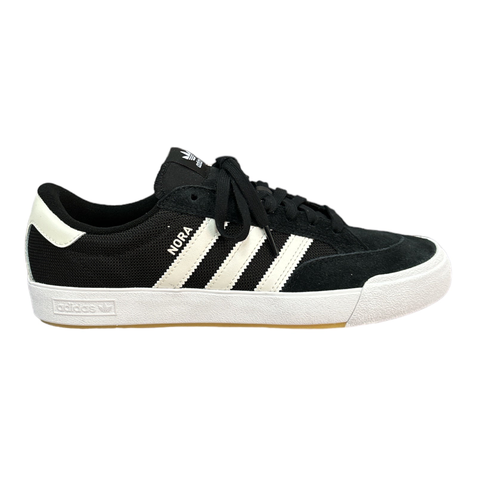 Adidas Nora In Black Suede with White Outsole and White Stripes. 