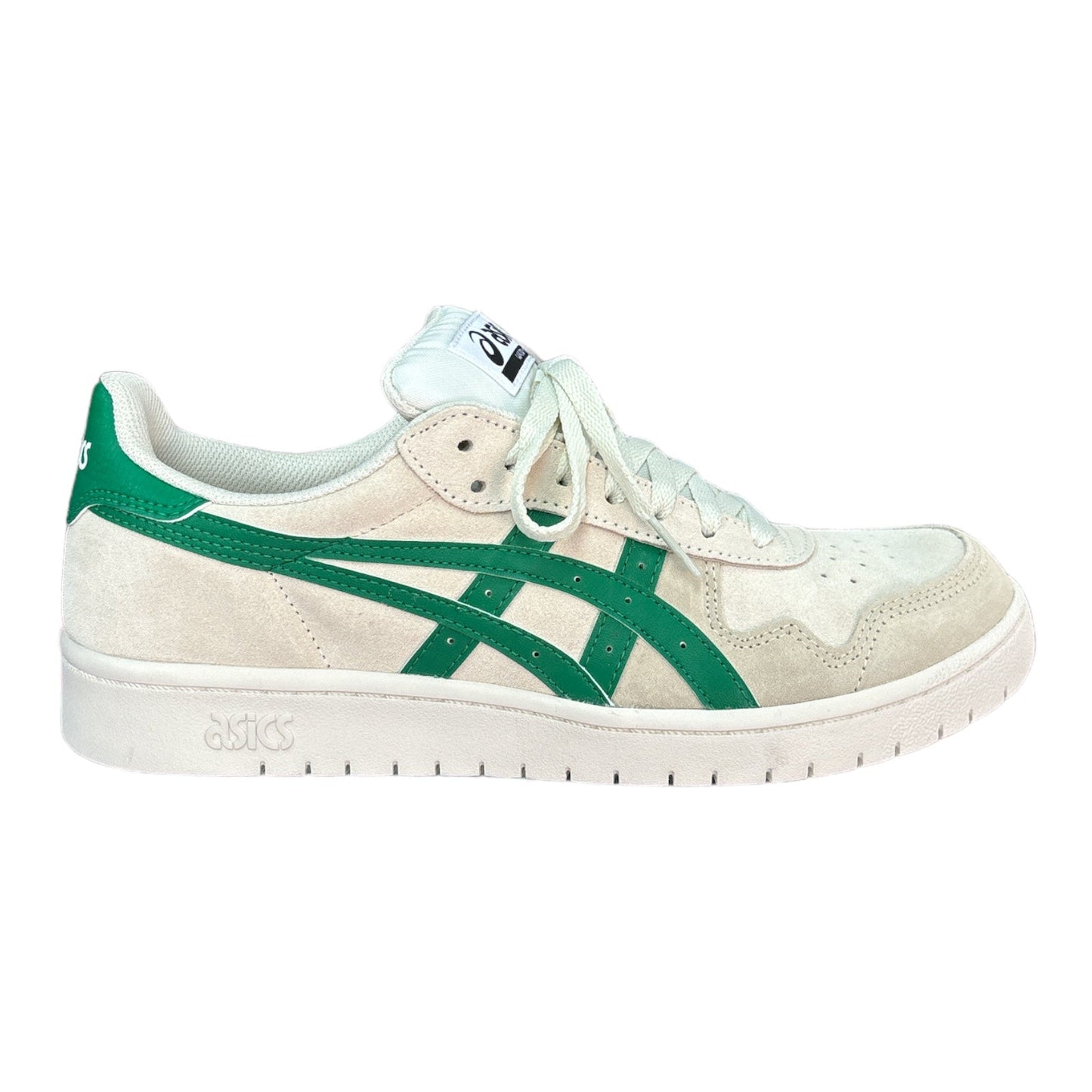 White Suede Upper with Green Asics Logo