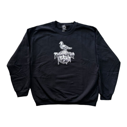 Black Crewneck with Pigeon standing on the earth in White Thrasher Text.