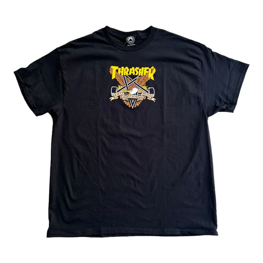 Black Tee with Eagle in a Pentagram says Thrasher.  Pro ted on chest