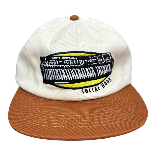 Cream hat with Brown Brim.  Keyboard Logo embroiderey.
