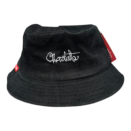 Corduroy black bucket hat chocolate embroiderss on front.