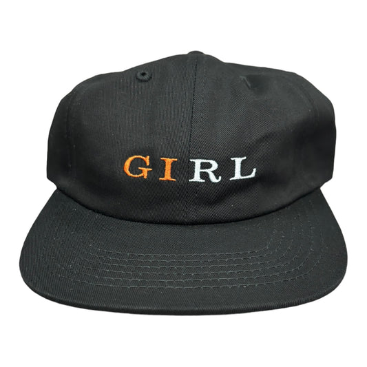 Black Hat Girl embroidered in orange and white. Adjustable strap