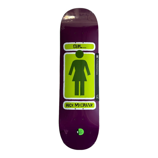 Purple girl deck with green girl logo and mccrank on bottom