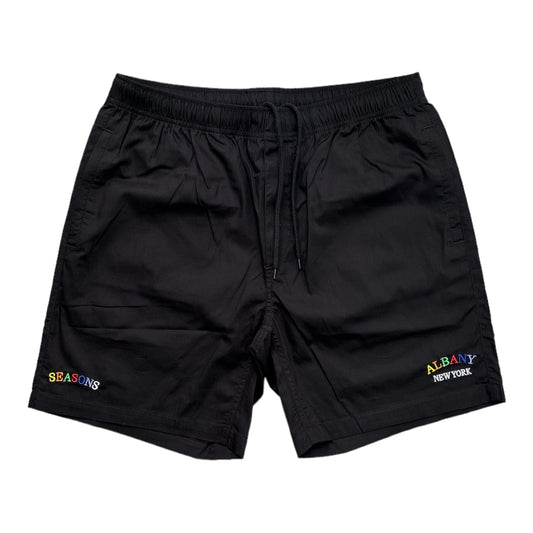 Black shorts with seasons embroidered on right leg and albany New York on left leg. Multi color embroidery 