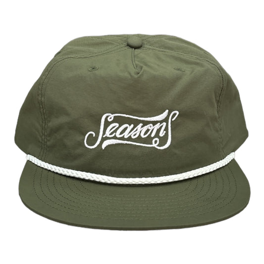 Green hat with white rope embroidered seasons letters