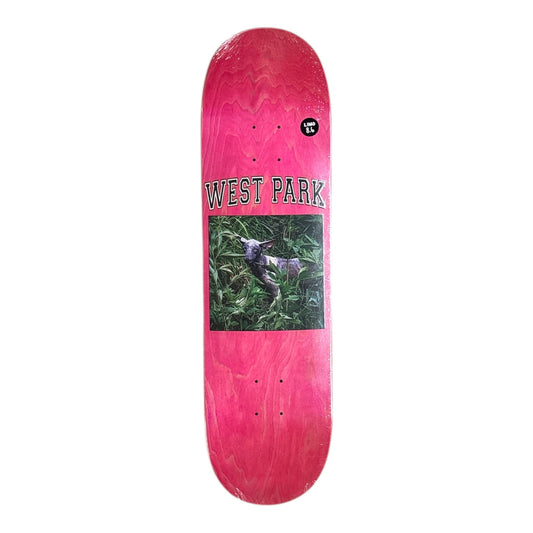 Pink skateboard deck with 'West Park' branding and a wolf graphic on a white background