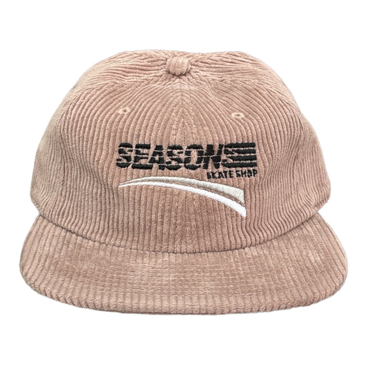 Hazy pink corduroy hat with embroidered seasons logo black and white 