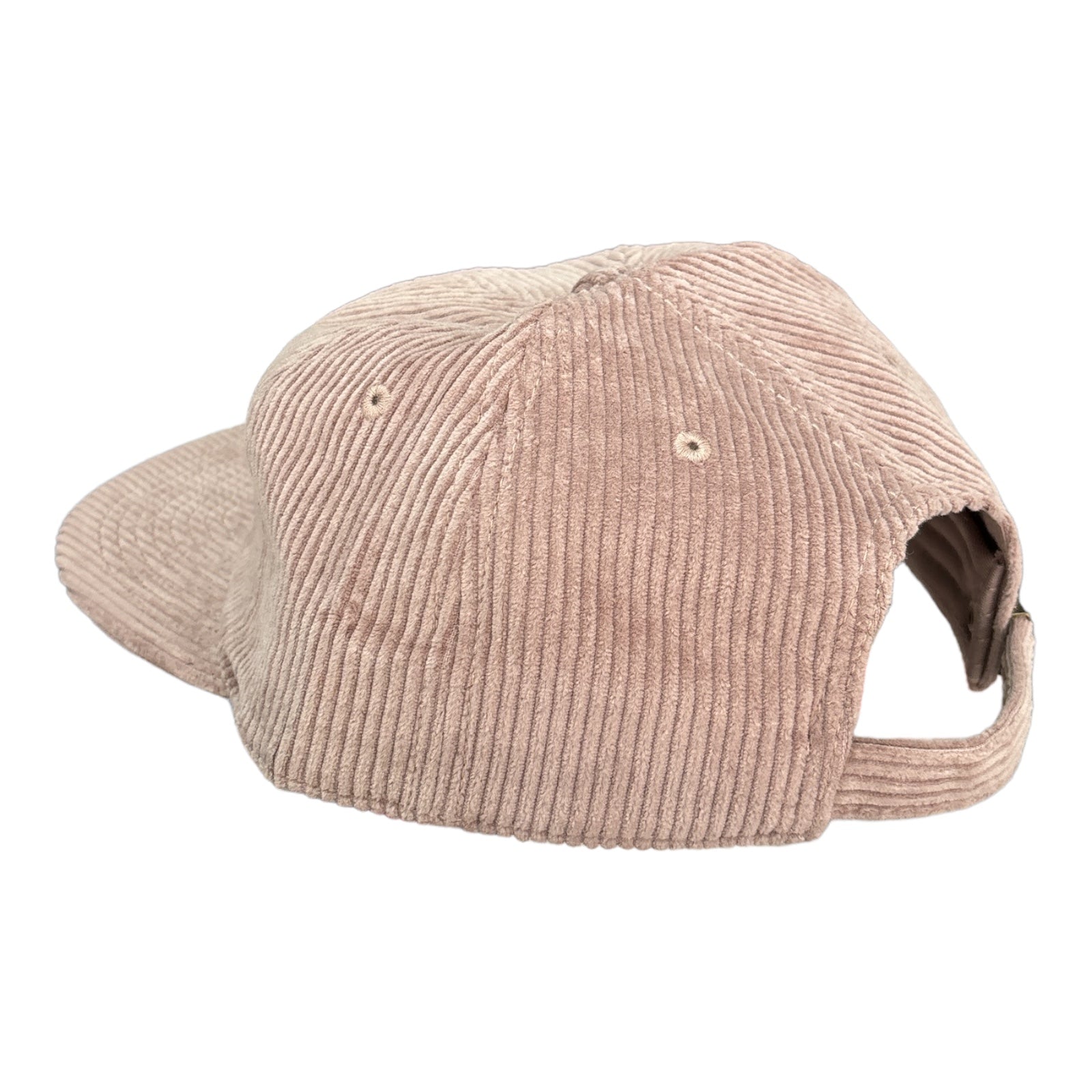 Back of hazy pink corduroy hat with corduroy strap closire