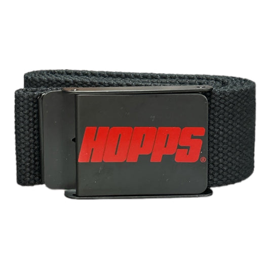 Black belt with red logo says Hopps