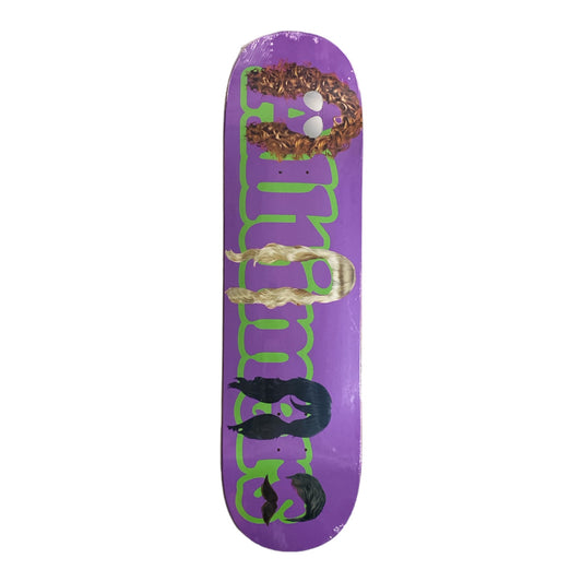 Alltimers purple Skateboard deck with wigs on letters.