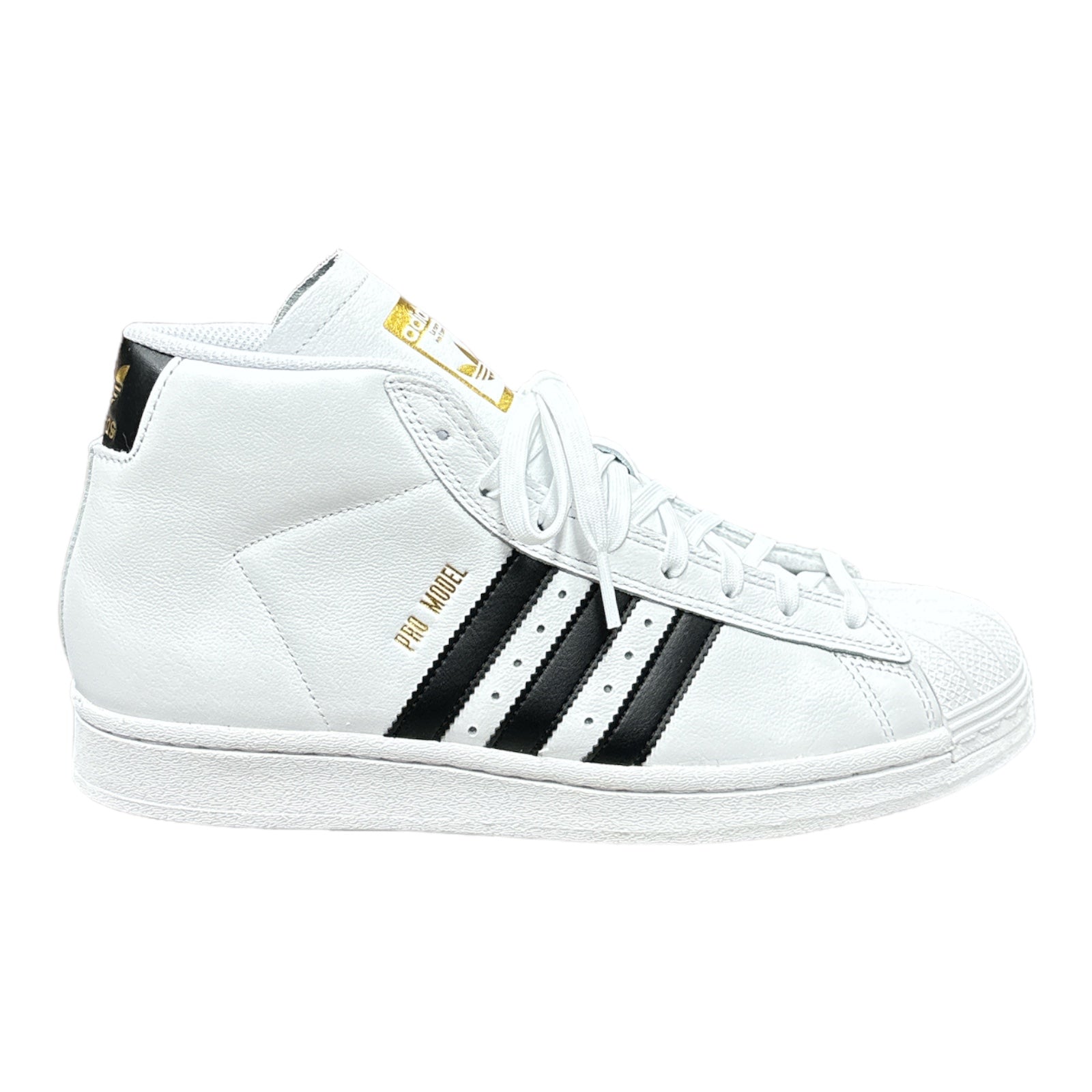 Adidas Pro Shell High Top Leather Shoe with Black Stripes.