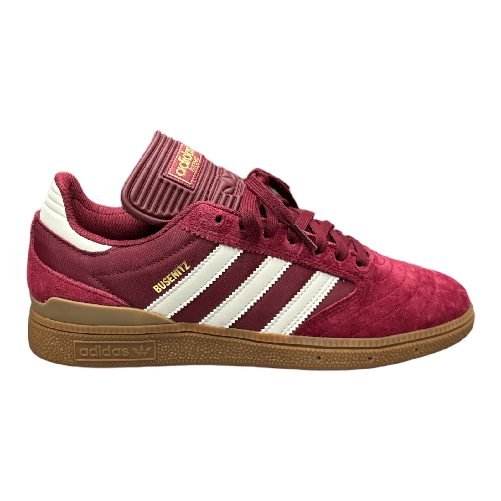 Burgandy Suede with White Stripes and a gum outsole Adidas Busenitz Skate Shoe