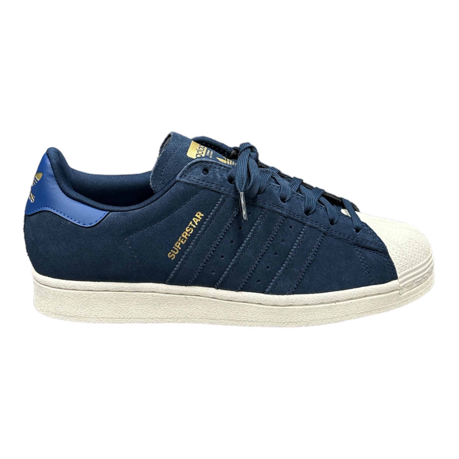 Adidas Superstar ADV Shoe in Navy Suede with white outsole.