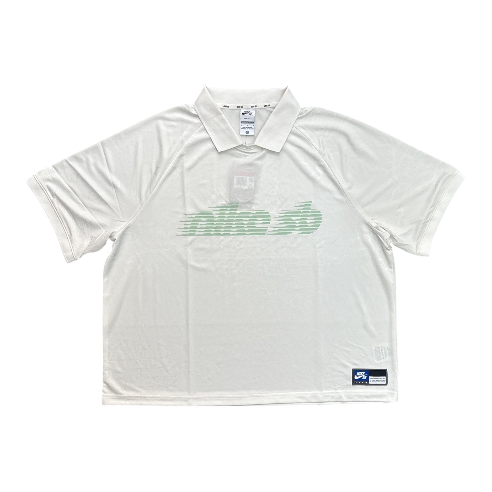 White polo shirt with green logo on a white background