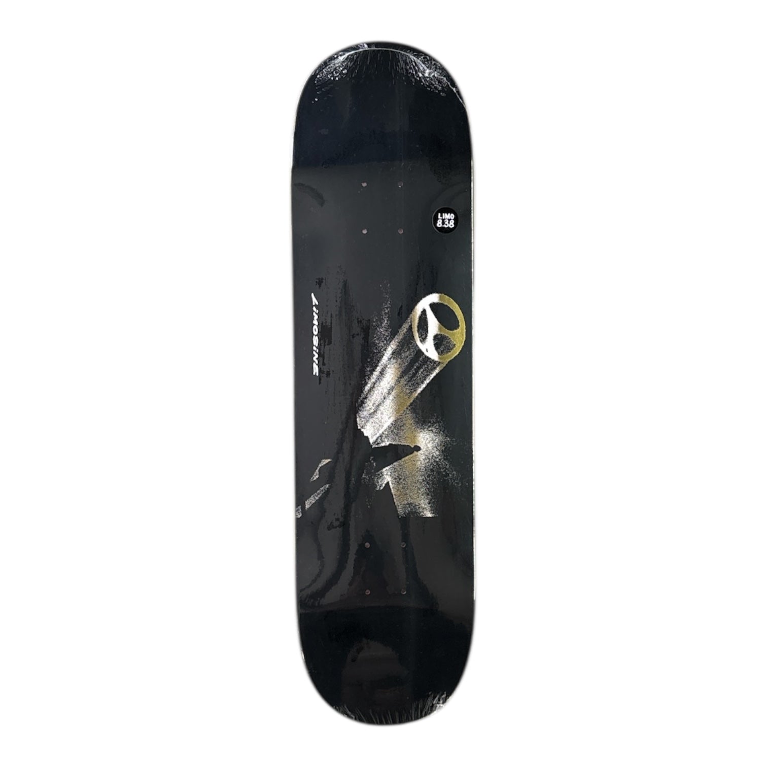 Black skateboard deck with gold design on a white background