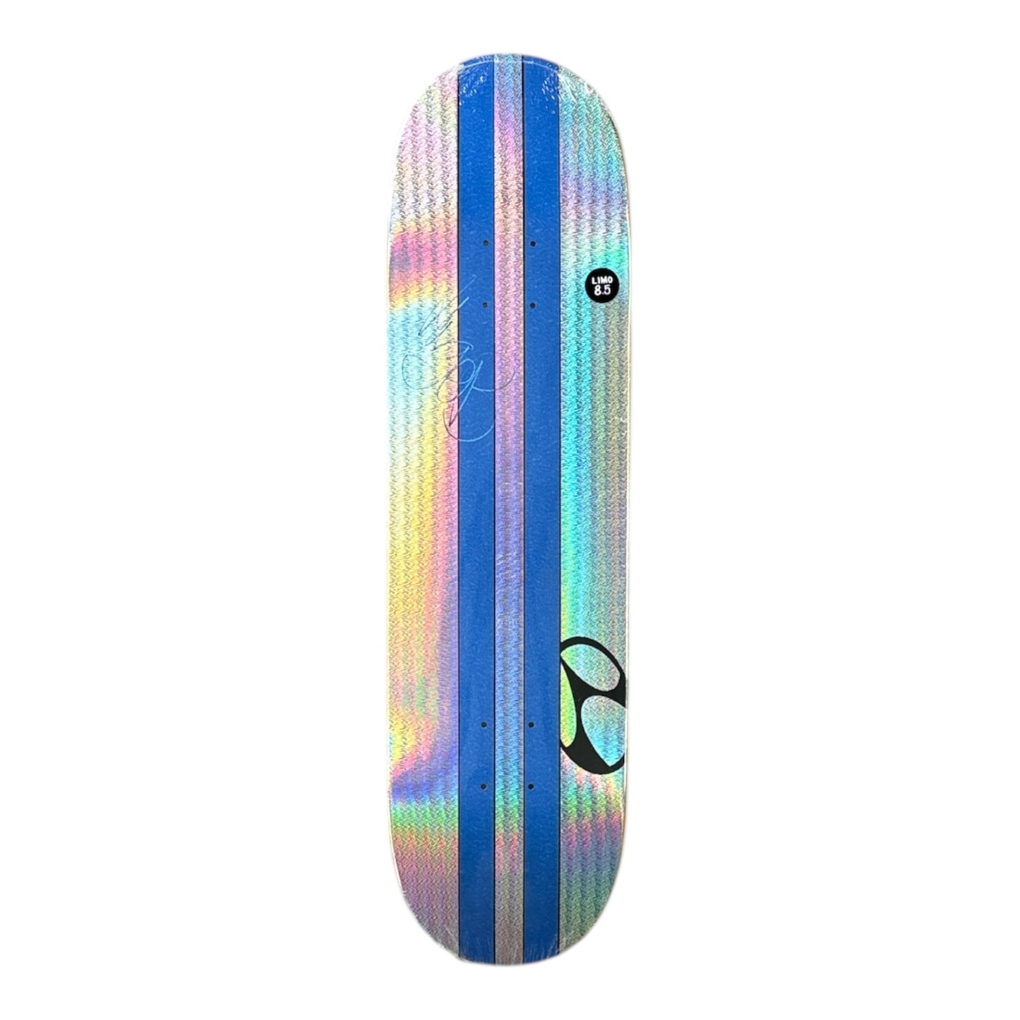 Colorful striped skateboard deck on a white background
